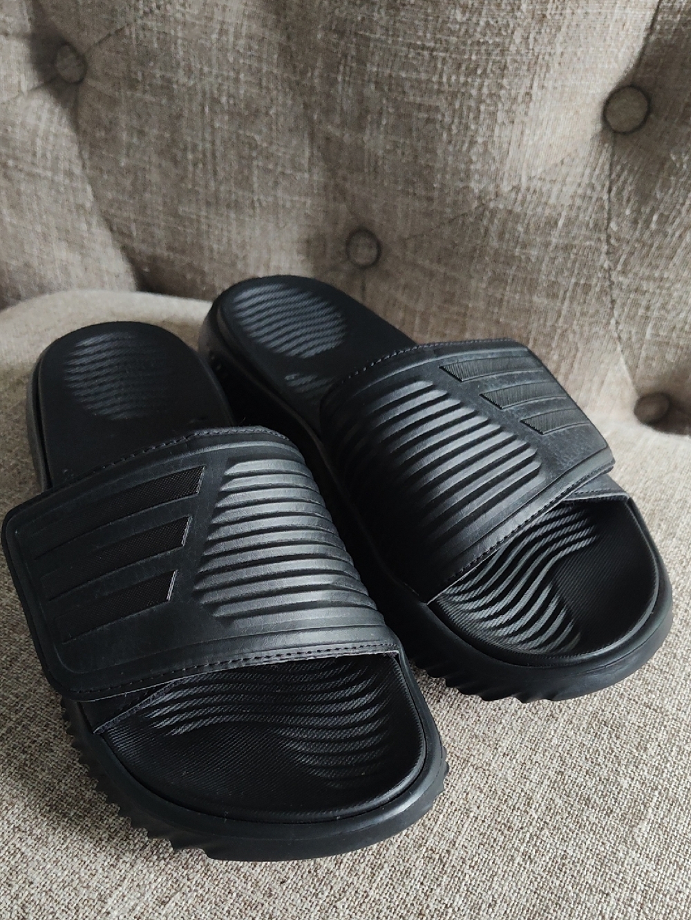 Adidas Bounce Black Men's Slide Sandals - Textured Strap Velcro Slides